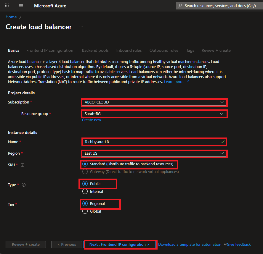 Azure portal "Create load balancer" basics tab showing subscription, resource group, name, region, SKU, type and tier fields
