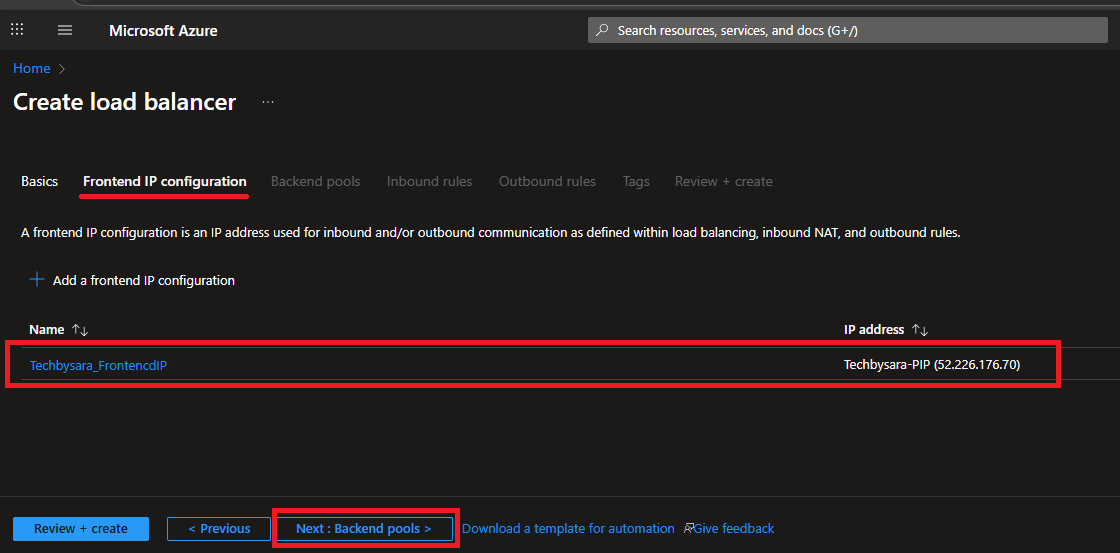 Frontend IP configuration screen showing a named frontend IP mapped to a public IP address