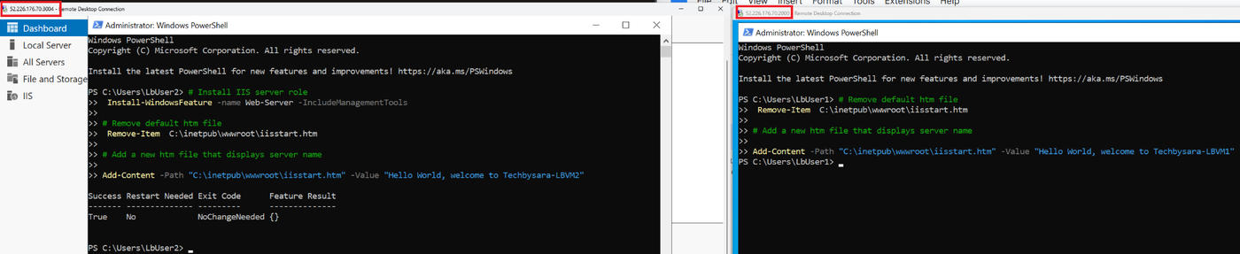 Two Remote Desktop sessions side by side, each showing a PowerShell window with the Hello World message identifying its own VM