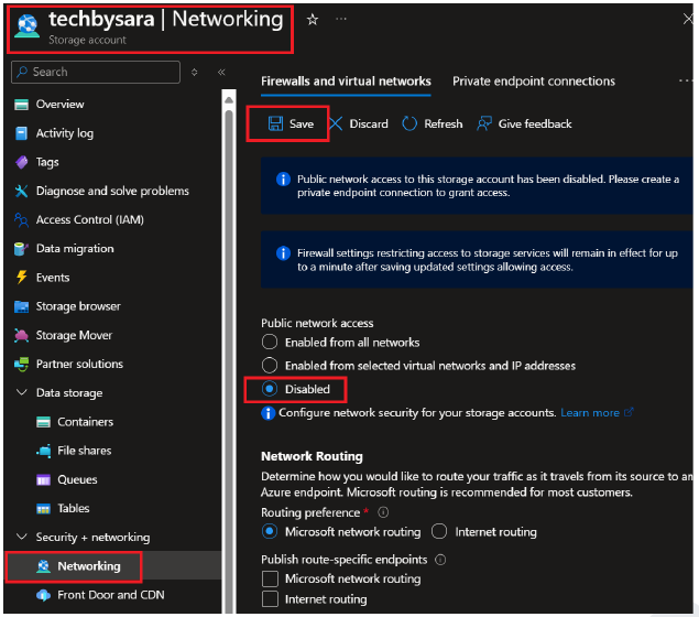 Azure Storage account Networking tab with Public network access set to Disabled