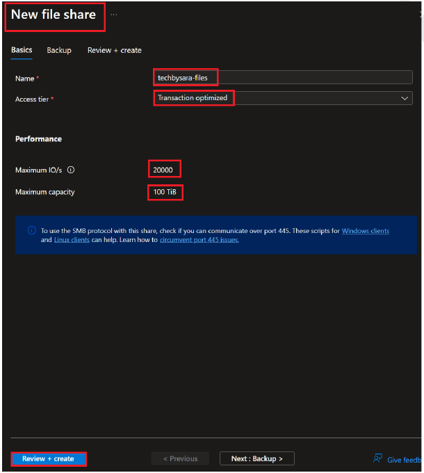 Azure Storage browser showing a new file share being created