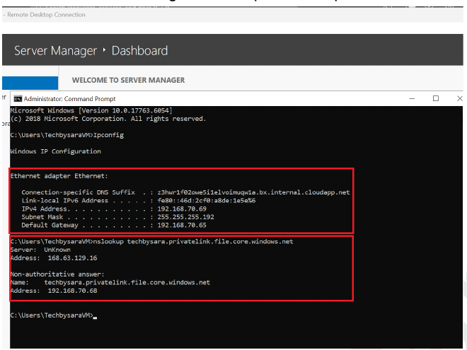 Terminal on an Azure VM running nslookup against the storage account's file endpoint, resolving to a private IP
