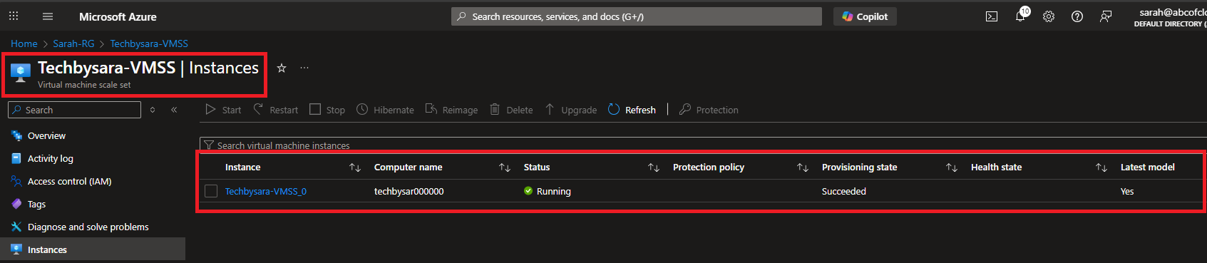 Techbysara-VMSS Instances page after autoscale reduced the running instance count