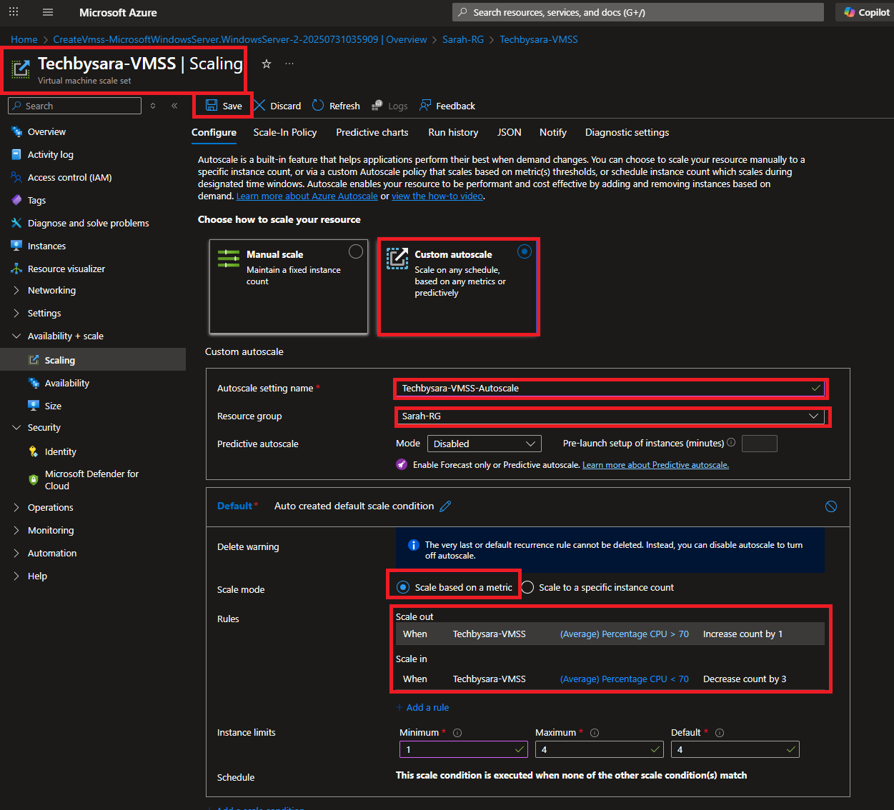 Techbysara-VMSS Scaling page showing custom autoscale rules based on average CPU percentage