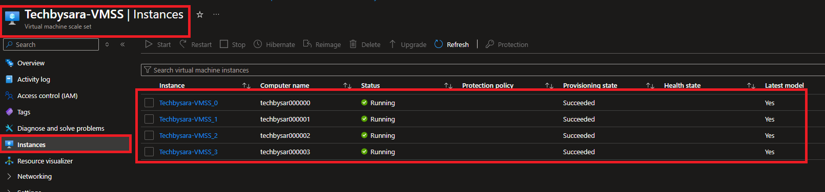 Techbysara-VMSS Instances page showing four running instances after scaling out manually