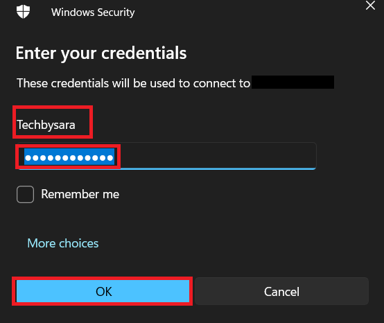 Windows Security "Enter your credentials" prompt during an RDP connection to the new virtual machine