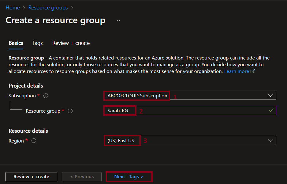 Azure portal "Create a resource group" screen with subscription, resource group name and region fields filled in