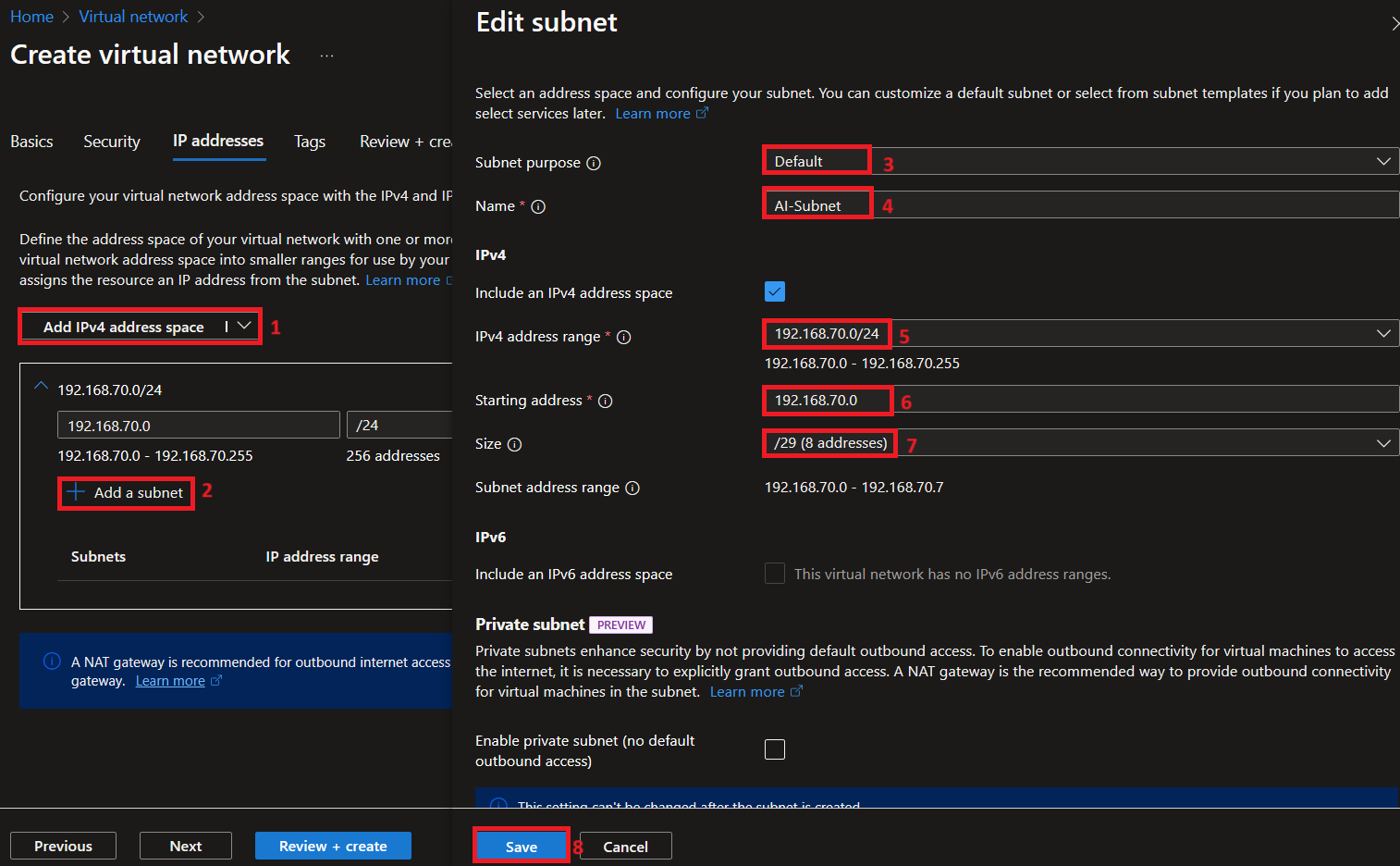 Azure "Create virtual network" IP addresses tab showing two subnets, AI-Subnet and Project-Subnet, carved out of the same address space