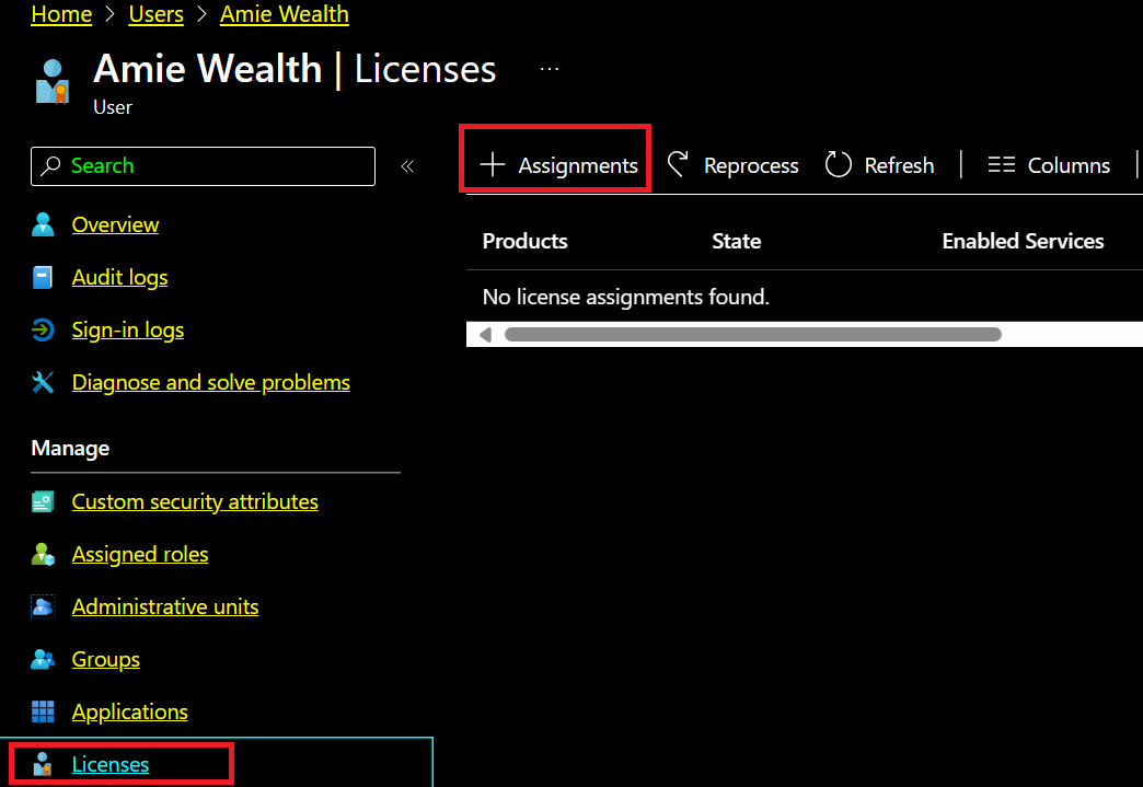 Amie Wealth's Licenses page in the Entra admin center showing no license assignments found and the Assignments button highlighted