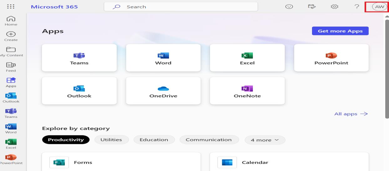 Amie Wealth's Microsoft 365 home page after license assignment, showing the full set of Office apps available