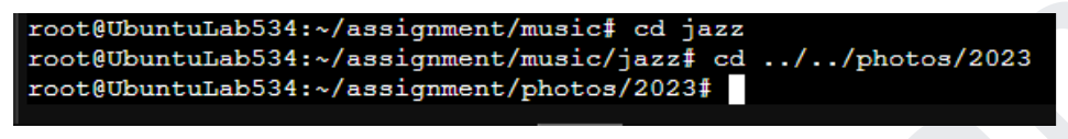Terminal chaining cd jazz and cd ../../photos/2023 to move between folders using relative paths