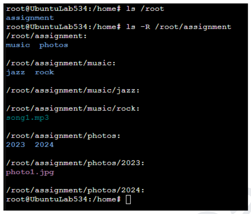 Terminal running mkdir, touch, and ls -R to build and list a practice folder structure