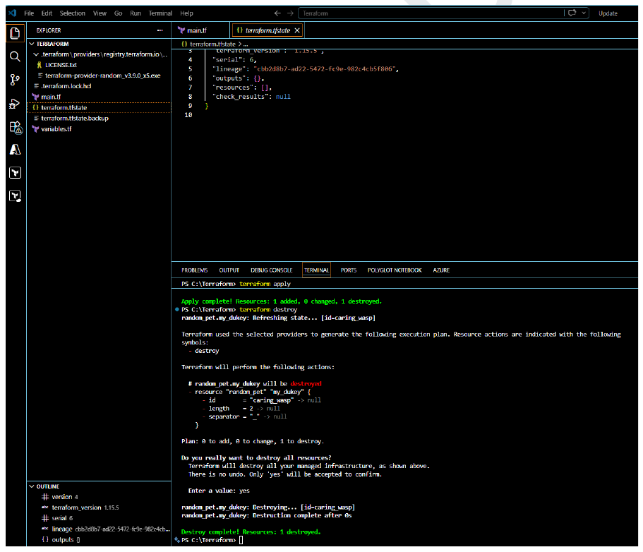 Terminal running terraform destroy, showing the destruction plan and the typed yes confirmation