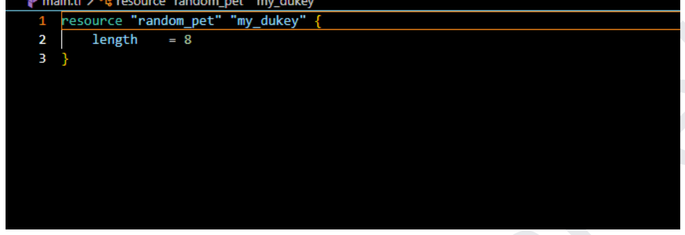VS Code showing main.tf with a random_pet resource block and a length of 8