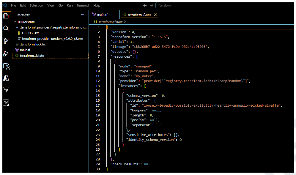 terraform.tfstate showing the generated 8-word pet name and its attributes