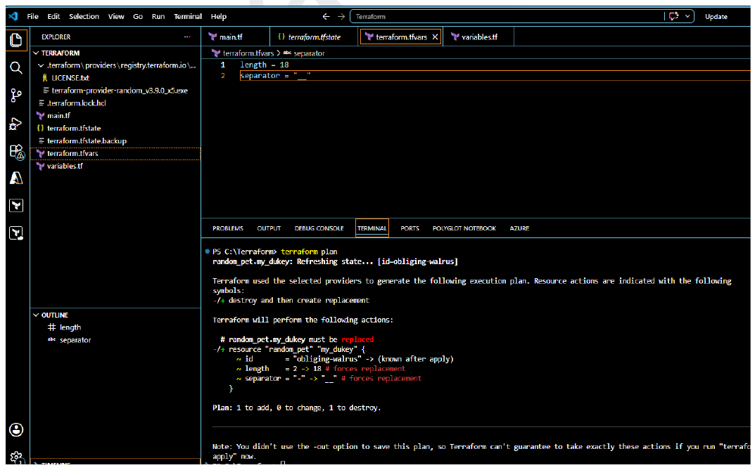 Terraform plan showing a forced replacement after overriding length and separator in terraform.tfvars