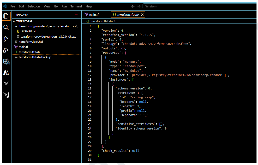 Updated terraform.tfstate showing the new 2-word pet name after re-applying the changed configuration