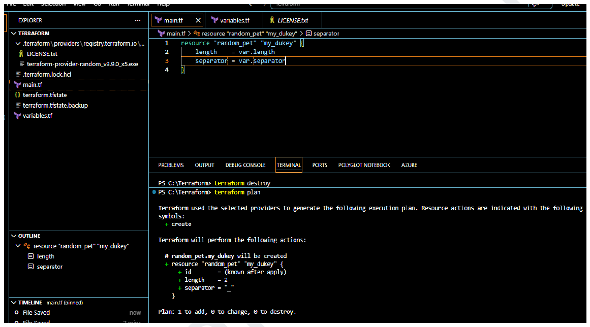 main.tf referencing var.length and var.separator, with a terraform plan showing the resource to be created