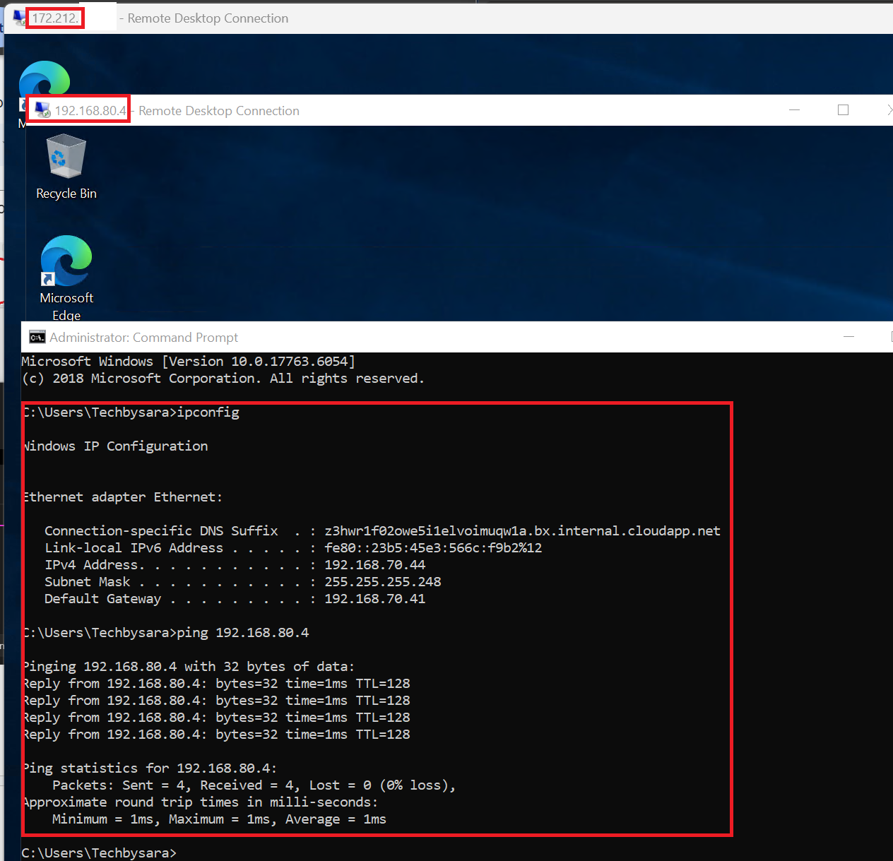 Command Prompt on TechbysaraVM1 successfully pinging TechbysaraVM2's private IP with 0% packet loss after peering