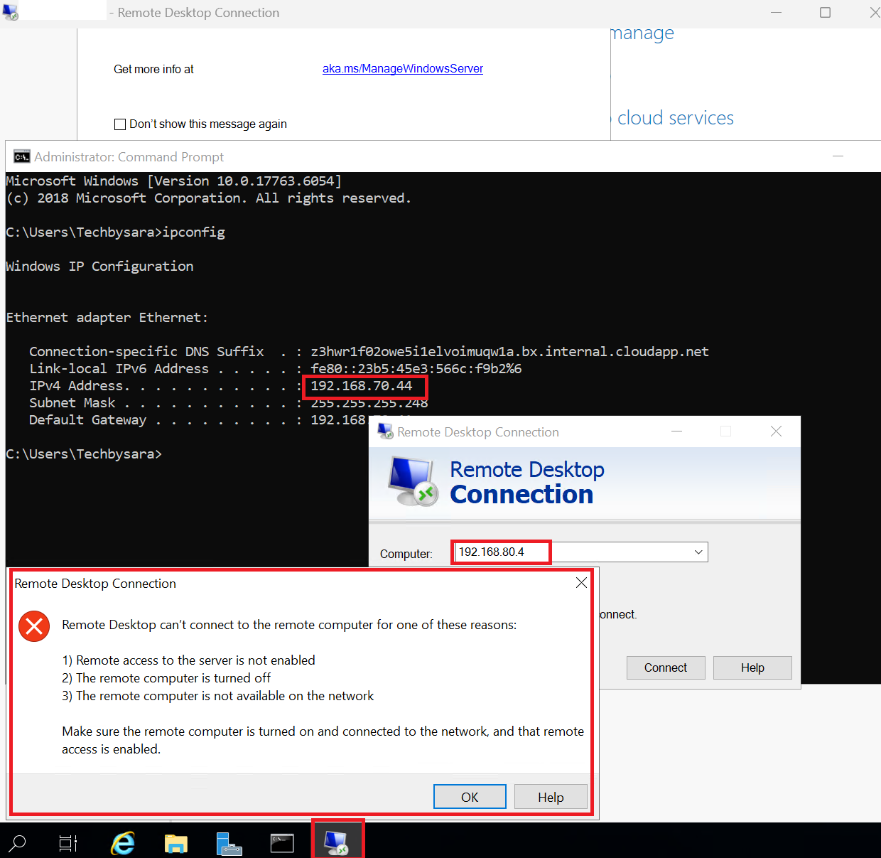 Remote Desktop Connection failing to reach TechbysaraVM2's private IP, with a ping to the same address timing out