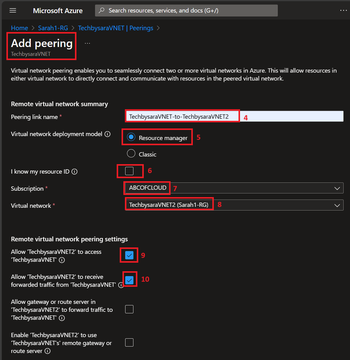 Azure "Add peering" screen configuring a peering link from TechbysaraVNET to TechbysaraVNET2, with bidirectional access settings enabled